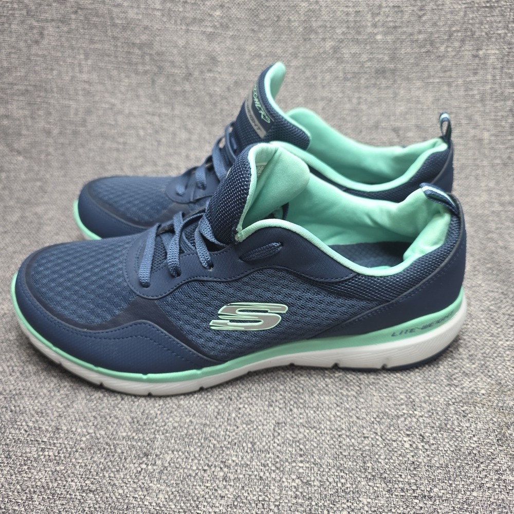 Skechers Lite-Weight Sneakers Women 10 Navy Blue Mint Green Mesh Athletic Shoes - Picture 3 of 7